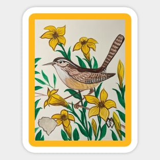 South Carolina state bird and flower, the Carolina wren and yellow jessamine Sticker